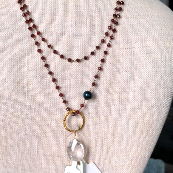 NWT 36 " long Garnet, Quartz crystal, vermeil necklace.  Wire wrapped.  Faceted - Picture 1 of 8